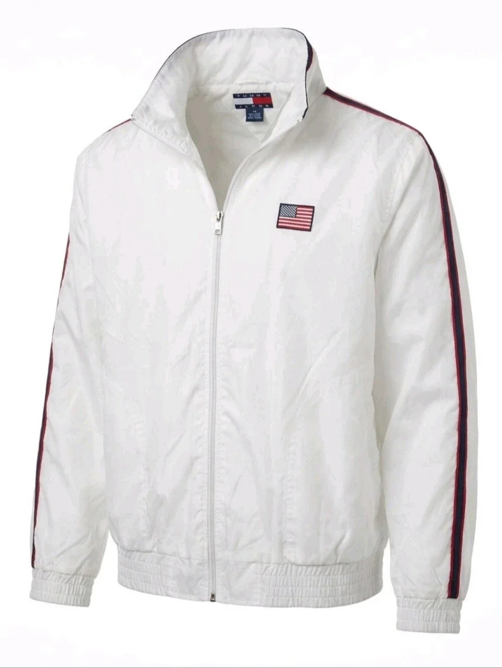 Tommy Hilfiger White Windbreaker with Red & Navy Stripe Accents